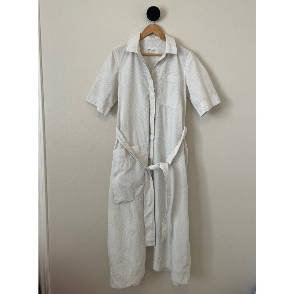 COS White Striped Poplin Cotton Blend Midi Length Tie Waist Dress 34 US 4